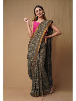 Unnati Silks - Dark Grey Pure Ajrakh Printed Soft Silk Saree with Unstitched Blouse