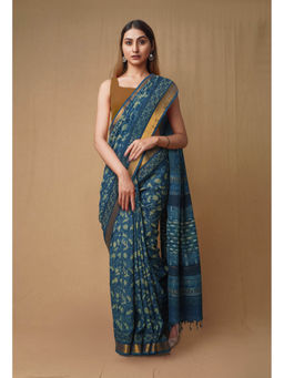 Unnati Silks - Blue Pure Ajrakh Printed Soft Silk Saree with Unstitched Blouse