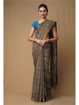 Unnati Silks - Dark Grey Pure Ajrakh Printed Soft Silk Saree with Unstitched Blouse