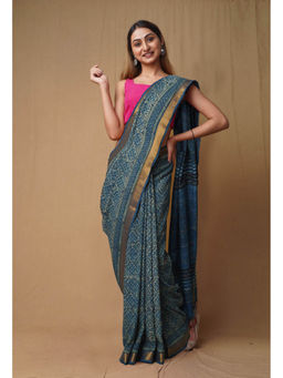 Unnati Silks - Blue Pure Ajrakh Printed Soft Silk Saree with Unstitched Blouse
