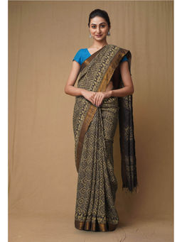 Unnati Silks - Dark Grey Pure Ajrakh Printed Soft Silk Saree with Unstitched Blouse