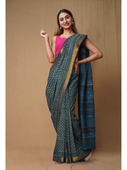 Unnati Silks - Blue Pure Ajrakh Printed Soft Silk Saree with Unstitched Blouse