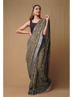 Unnati Silks - Dark Grey Pure Ajrakh Printed Soft Silk Saree with Unstitched Blouse