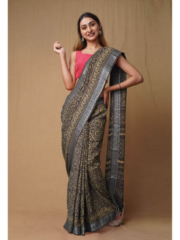 Unnati Silks - Dark Grey Pure Ajrakh Printed Soft Silk Saree with Unstitched Blouse