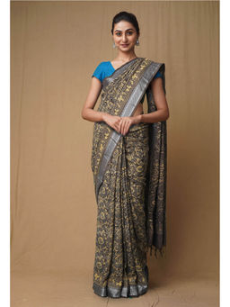 Unnati Silks - Dark Grey Pure Ajrakh Printed Soft Silk Saree with Unstitched Blouse