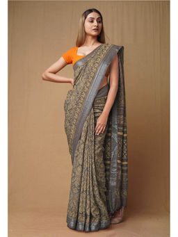 Unnati Silks - Dark Grey Pure Ajrakh Printed Soft Silk Saree with Unstitched Blouse