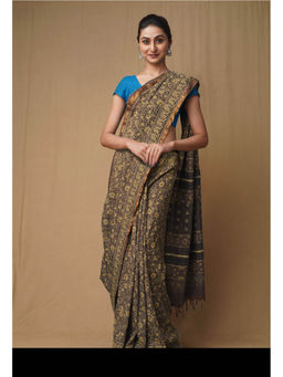Unnati Silks - Grey Pure Ajrakh Printed Soft Silk Saree with Unstitched Blouse
