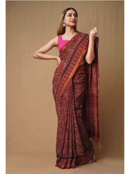 Unnati Silks - Red Pure Ajrakh Printed Soft Silk Saree with Unstitched Blouse