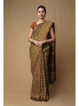 Unnati Silks - Grey Pure Ajrakh Printed Soft Silk Saree with Unstitched Blouse