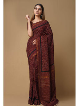 Unnati Silks - Dark Brown Pure Ajrakh Printed Soft Silk Saree with Unstitched Blouse