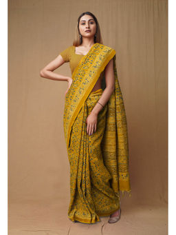 Unnati Silks - Yellow Pure Ajrakh Printed Soft Silk Saree with Unstitched Blouse