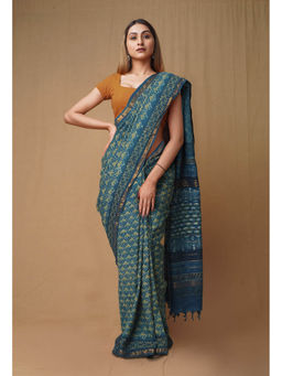 Unnati Silks - Blue Pure Ajrakh Printed Soft Silk Saree with Unstitched Blouse
