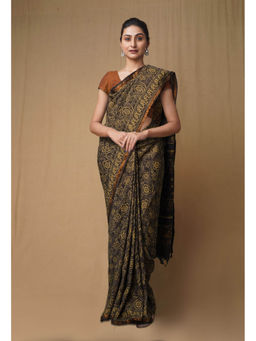 Unnati Silks - Dark Grey Pure Ajrakh Printed Soft Silk Saree with Unstitched Blouse