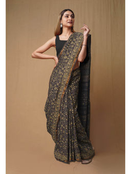 Unnati Silks - Blue Pure Ajrakh Printed Soft Silk Saree with Unstitched Blouse