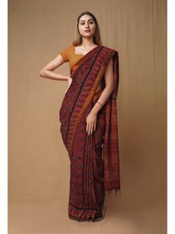Unnati Silks - Dark Brown Pure Ajrakh Printed Soft Silk Saree with Unstitched Blouse