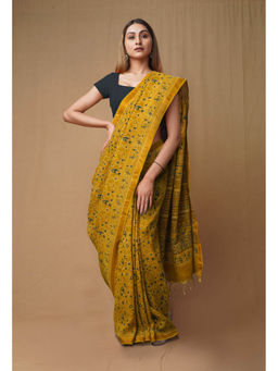 Unnati Silks - Yellow Pure Ajrakh Printed Soft Silk Saree with Unstitched Blouse