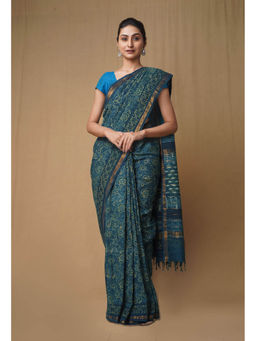 Unnati Silks - Blue Pure Ajrakh Printed Soft Silk Saree with Unstitched Blouse