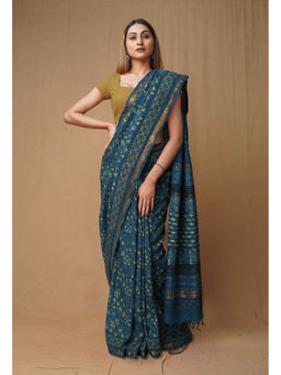 Unnati Silks - Brown Pure Ajrakh Printed Soft Silk Saree with Unstitched Blouse