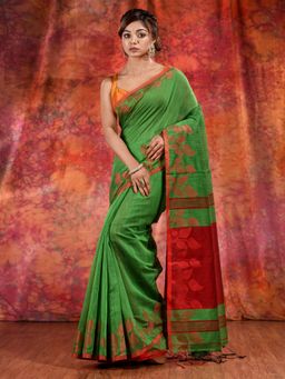 CHARUKRITI - Green Blended Cotton Handwoven Saree with Texture Design and Unstitched Blouse