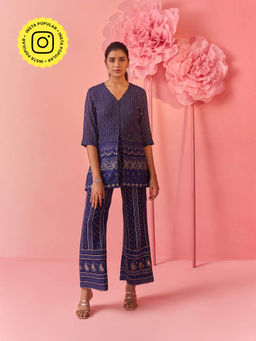 Clothes on my mind - Navy Blue Chikan Kurta & Pant Co-Ord (Set of 2)