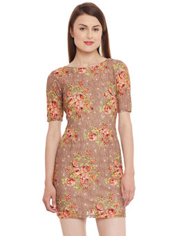 Kazo - Beige Floral With Lace Dress