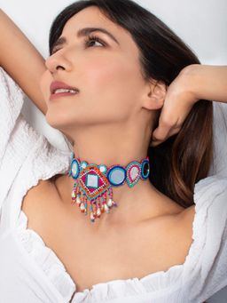 Fida - Colorful Mirror Work Beaded Choker Necklace For Women