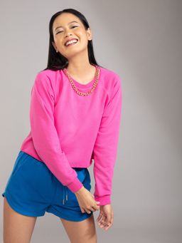 Twenty Dresses by Nykaa Fashion - Basics Pink Solid Crew Neck Chain Embellishment Sweatshirt