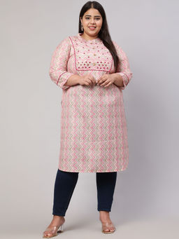 Jaipur Kurti - Viscose Rayon Blend Slub Plus Size Multicolor Zigzag Embroidered Straight Kurta