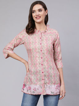 Jaipur Kurti - Viscose Rayon Blend Slub Multicolor Zigzag Embroidered Tunic