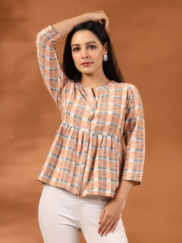 Jaipur Kurti - Cotton Blend Yarn Dyed Peach Checks Print Cotton Gathered Shirt
