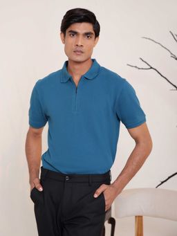 Subtract - Men Dark Teal Comfort Fit Solid Polo T-Shirt with Hidden Zipper