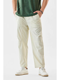 Snitch - Off White Solid Straight Casual Cargo Pant with Belt