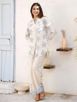 GULABI DORI - Women Blue Floral Printed Cotton Slub Short Co-Ord Set