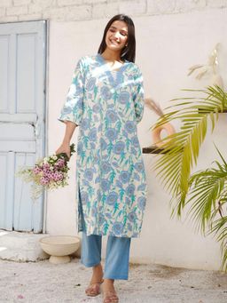 GULABI DORI - Women Blue Flower Cotton Slub Co-Ord Set