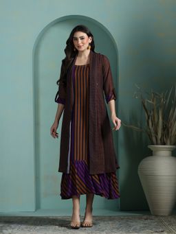 Shree - Women Multi-Color Liva Stripes Flared Dress with Jacket