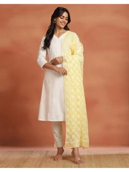 Fabindia - Women Yellow Cotton Silk Blend Chikankari Dupatta