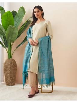 Fabindia - Women Turquoise Silk Blend Hand Block Print Dupatta