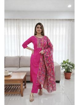 Anveri Textiles - Women Anveri Vibrant Pink Embroidered Kurta with Pant and Dupatta