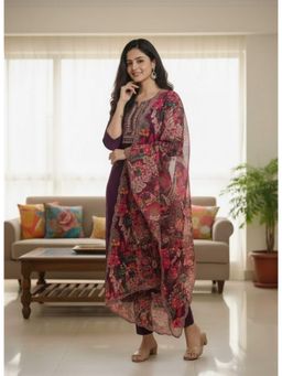 Anveri Textiles - Women Wine Embroidered Kurta with Pant and Dupatta