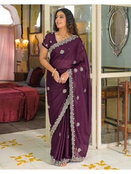 SATRANI - Dark Purple Sequins Embroidery Georgette Saree With Unstitched Blouse