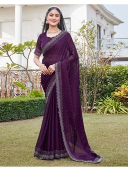 SATRANI - Wine Stone Work Scalloped Border Silk Saree With Unstitched Blouse