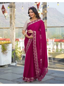 SATRANI - Rani Pink Embroidery Border Shimmer Georgette Saree With Unstitched Blouse