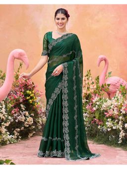 SATRANI - Dark Green Stone Work Border Shimmer Chiffon Saree With Unstitched Blouse