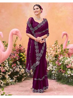 SATRANI - Purple Stone Work Scalloped Border Shimmer Chiffon Saree With Unstitched Blouse
