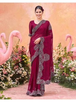 SATRANI - Rani Pink Stone Work Scalloped Border Shimmer Chiffon Saree With Unstitched Blouse