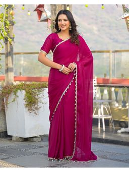 SATRANI - Rani Pink Lace Shimmer Georgette Saree With Unstitched Blouse