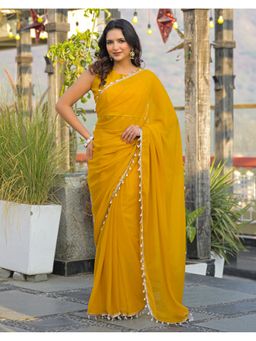 SATRANI - Yellow Lace Shimmer Georgette Saree With Unstitched Blouse