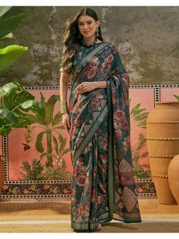 SATRANI - Rama Blue Floral Printed Weaving Border Silk Saree With Unstitched Blouse
