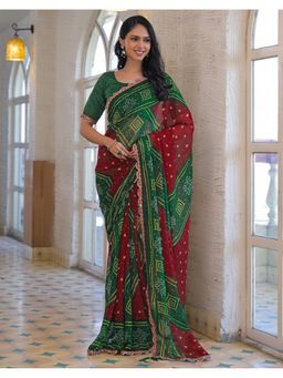 SATRANI - Green Bandhani Printed Georgette Saree With Unstitched Blouse