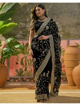 SATRANI - Black Embroidery Scalloped Border Georgette Saree With Unstitched Blouse